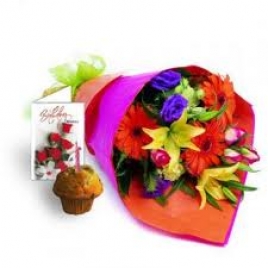 Exotic Mix Flowers With Muffin Cake,Free Card